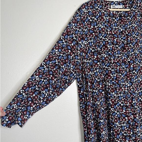Zara Long Sleeve Floral Midi Dress Burgundy Blue White Print Size XXL Plus - Picture 3 of 7